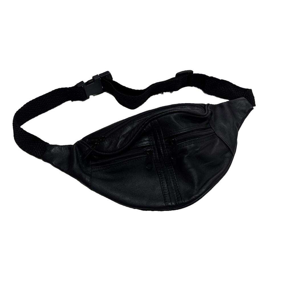 Vintage Leather Black Fanny Pack Waist Belt Bag Unisex Zipper 80s 90s